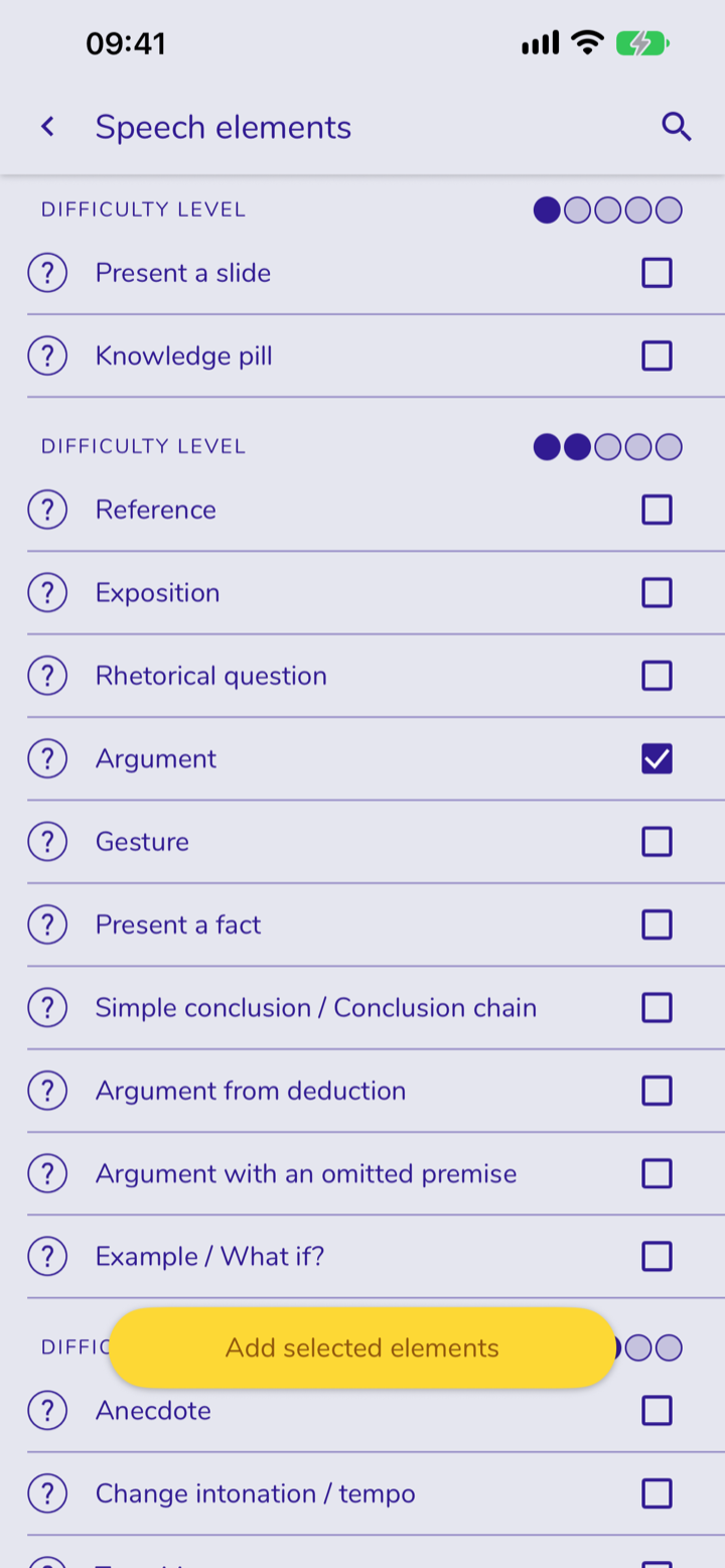 Screen: Speech elements. More than 30 speech elements are available