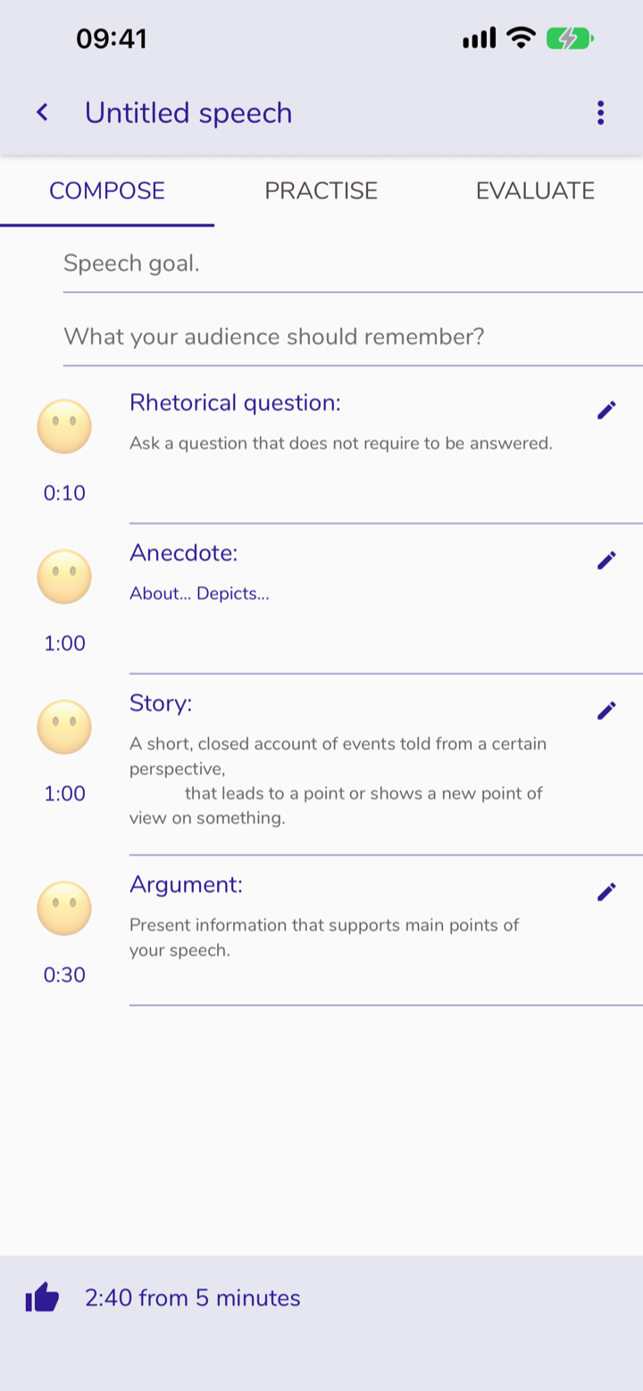 Screen: contents of the speech. It contains the few elements added a moment ago.