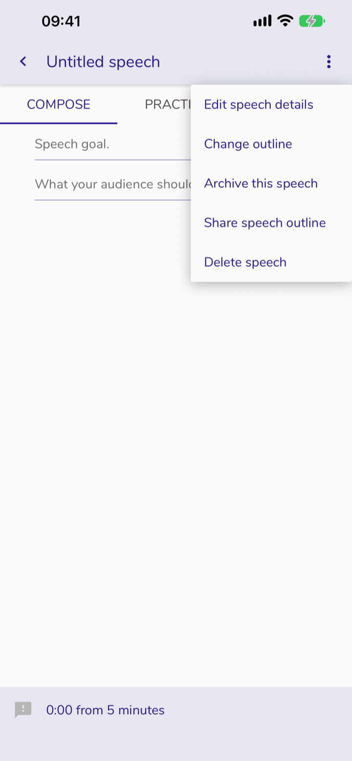 Screen: editing the contents of the speech (empty). The menu is open, with five items: Edit speech details, Change outline, Archive this speech, Share speech outline, Delete speech