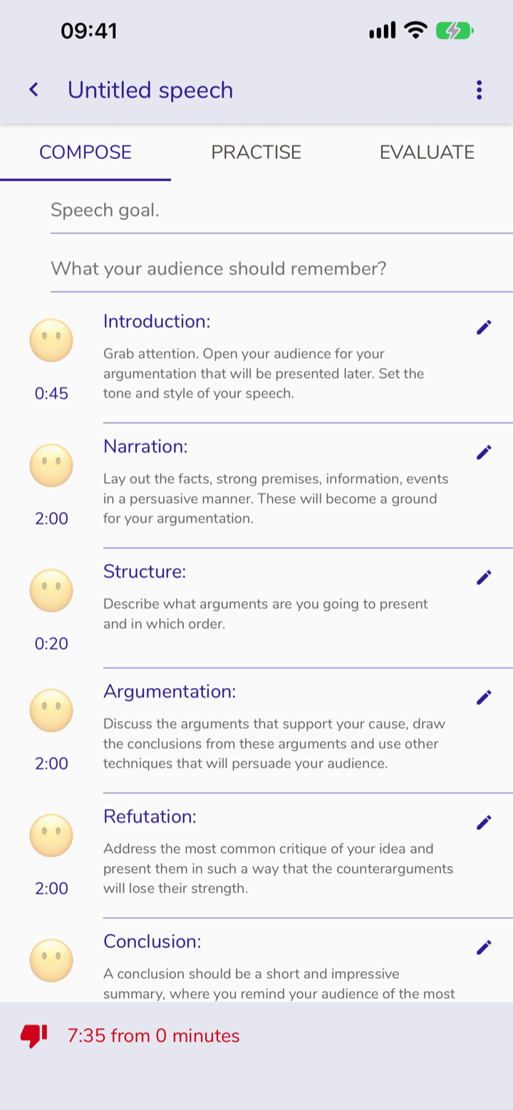 Screen: editing the contents of the speech after choosing a template