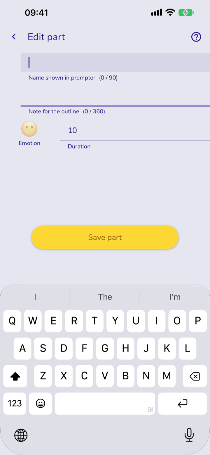 Screen: Edit part. You can edit the name, the note for the outline, the time (in seconds) and the emotion (emoji) assigned to this element.
