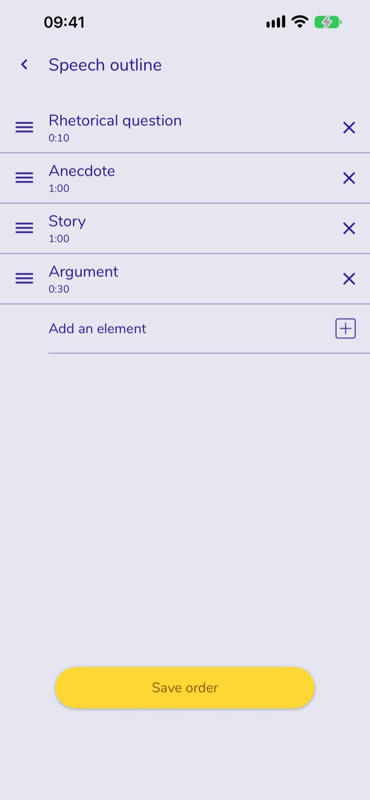 Screen: Speech outline. Possible operations: delete an element, move it, add a new one.