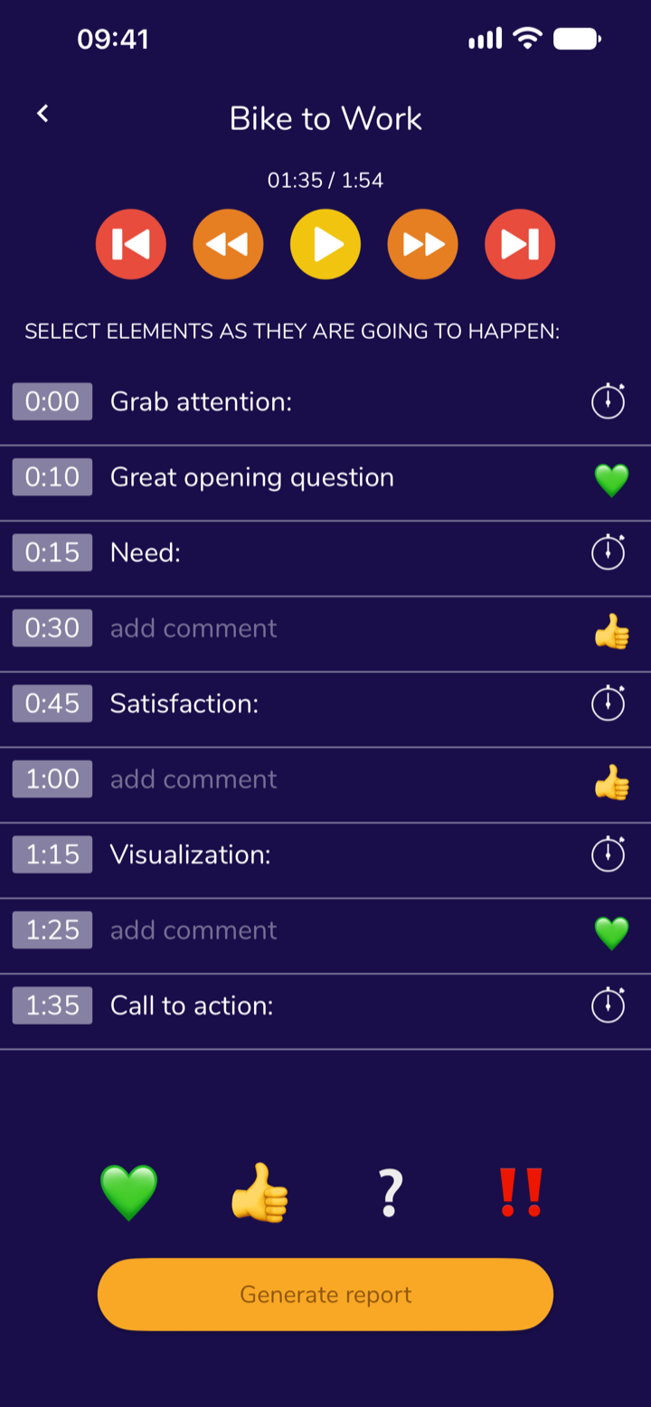 Screen: listening to the speech. At the top, controls to play, pause and wind the recording. Below, the list of elements of the speech structure, where you can mark when each one occurred in the recording. At the bottom, buttons for evaluating the recording, and under them the Generate report button.