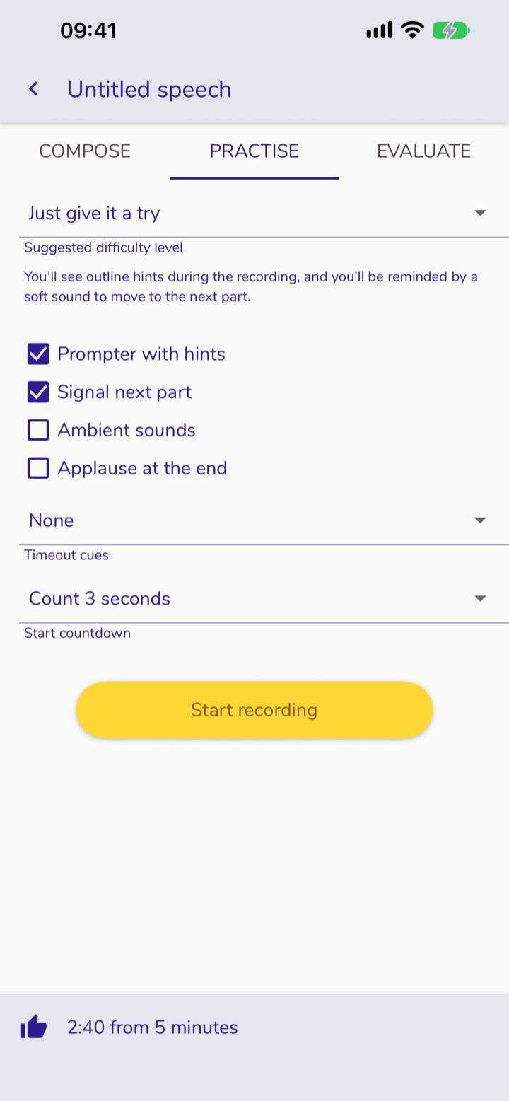 Screen: practice options. It contains various preferences you can set, covering distracting sounds, what is displayed while recording, and more.