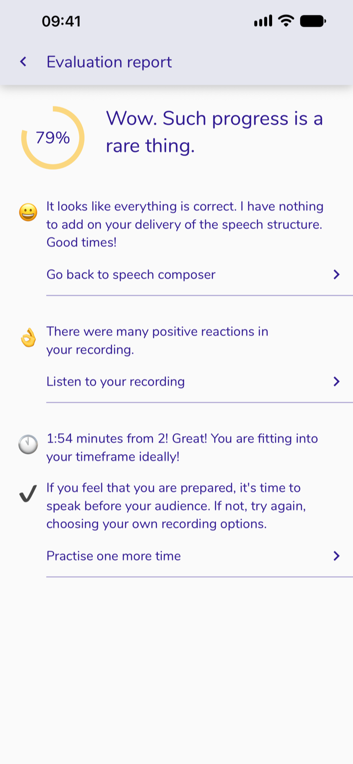 Screen: evaluation report. The score shown is 79%; below it, recommendations generated automatically by the app.